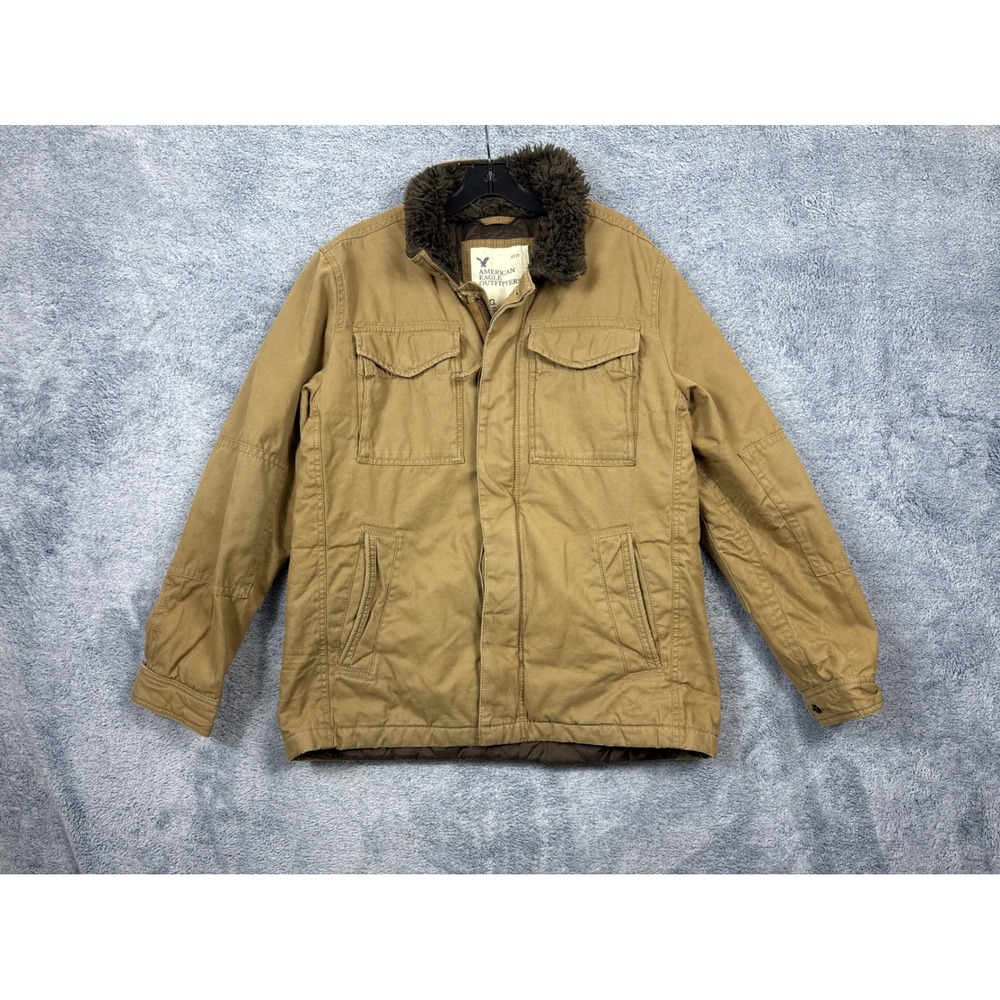 American Eagle Mens L Tan Field Jacket Faux Fur Collar Quilted Utility Workwear